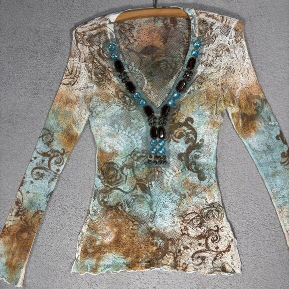 Boston Proper Lace Mesh Stretch Top Size XS Artsy Boho Layering Sheer Y2K Grunge - Picture 2 of 16